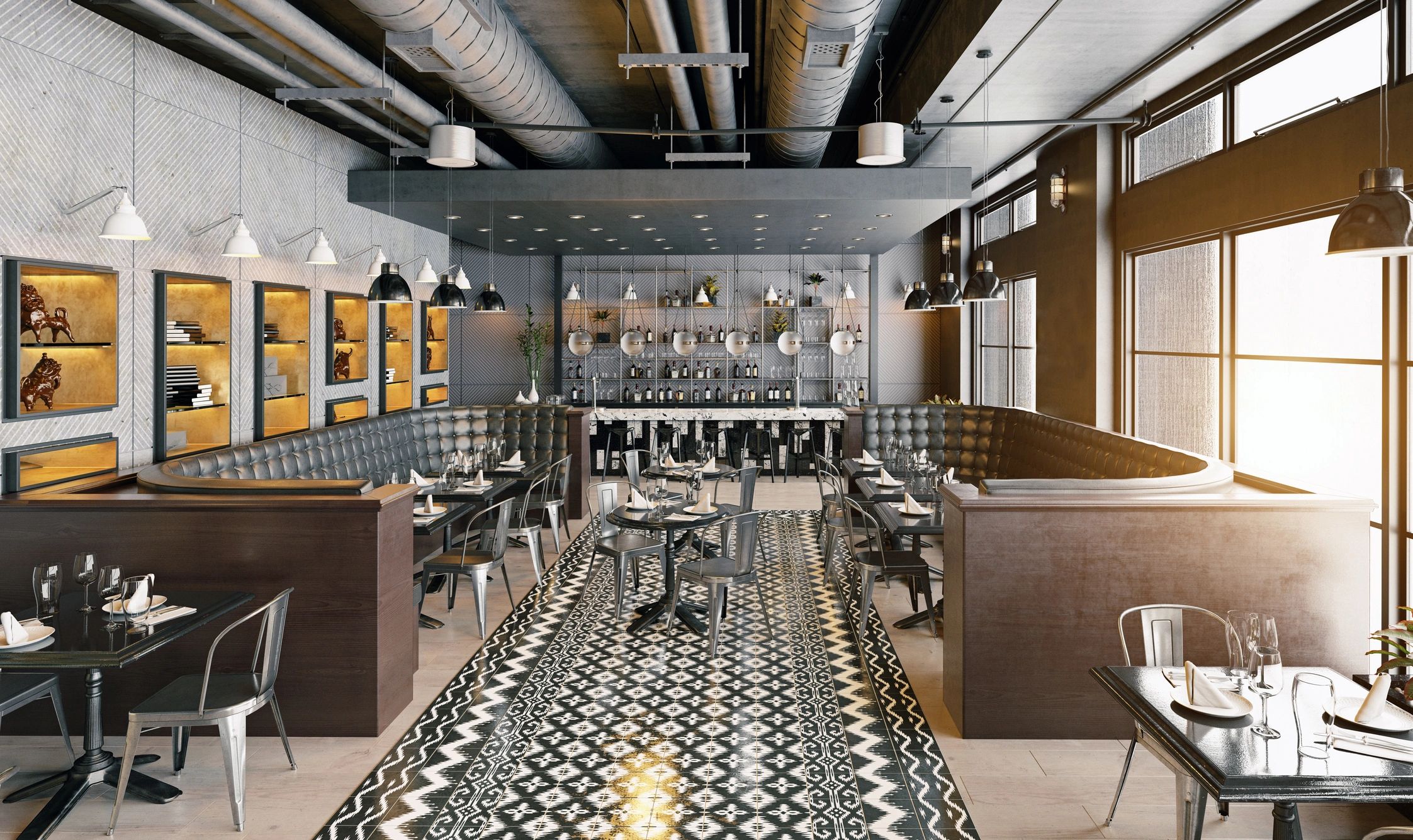 Interior de restaurante moderno con mesas y barra